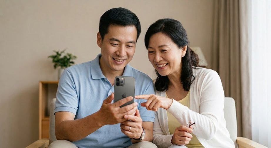 Mother and father smiling as they look at a smartphone together
